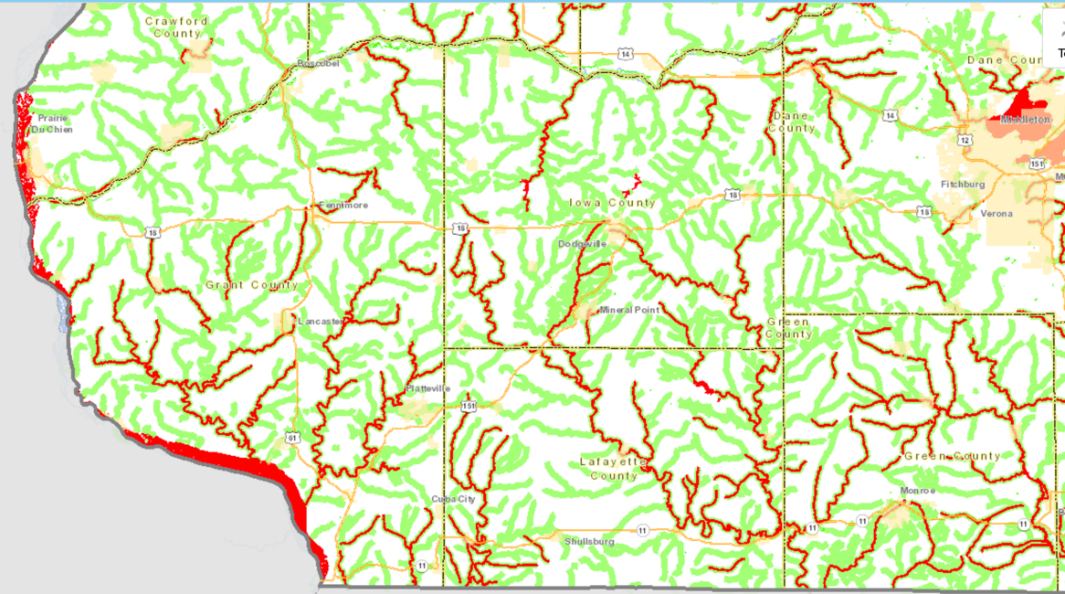 Map of SW Wisconsin showing assessed streams that are considered healthy (green) and streams designated as impaired (red) by Wisconsin DNR. Iowa County is in the top center of the map. This screenshot was taken from the WDNR Surface Water Data Viewer on April 24, 2020. 